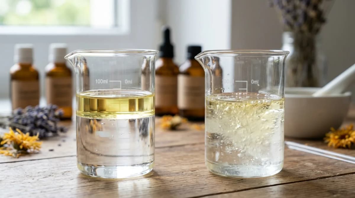 Масло и вода — два слоя в стакане, проблема смешивания