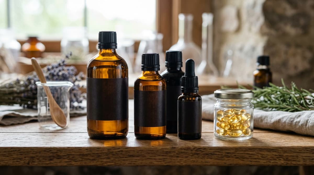 Тёмные стеклянные бутылки с маслами, капсулы витамина Е, правильное хранение