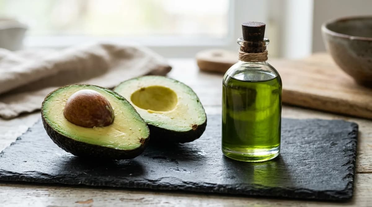 Ripe avocado cut in half beside a small bottle of green oil on a slate surface