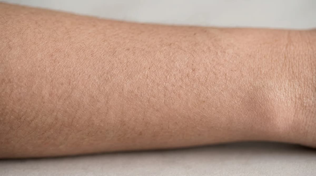 Forearm skin close-up macro texture, neutral clinical lighting, no product visible