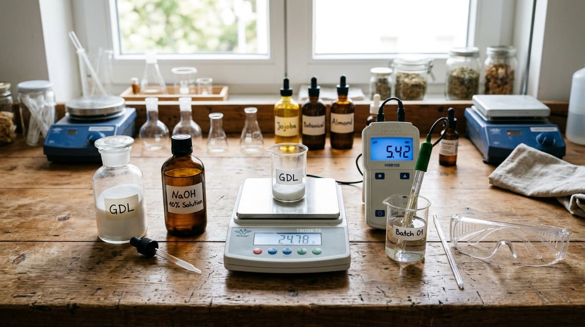 Ингредиенты и оборудование: ГДЛ, NaOH, весы, pH-метр, защитные очки