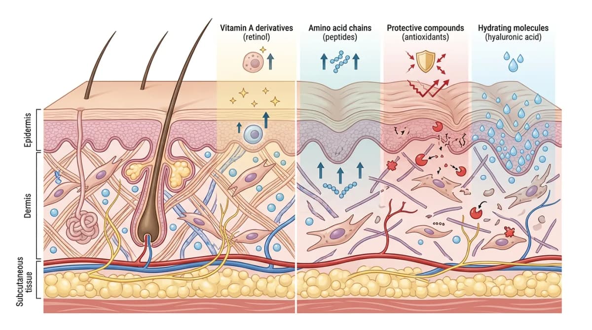 Cross-section scientific diagram of human skin layers showing collagen fibers, fibroblasts, and aging mechanisms with labeled zones for retinol, peptides, antioxidants, and hyaluronic acid action, clean medical illustration style, white background