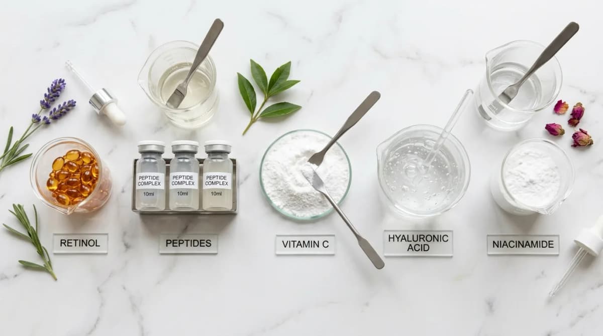 Flat lay of anti-aging cosmetic ingredients including retinol oil capsules, peptide vials, white vitamin C powder, transparent hyaluronic acid gel, glass measuring beakers and spatulas arranged on a clean white marble laboratory surface, professional product photography