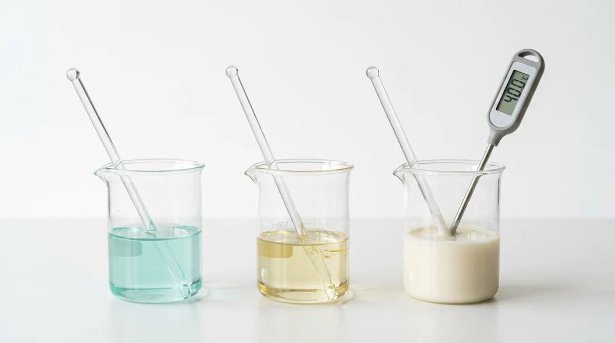Laboratory beakers and glass stirring rods showing cream emulsion in different preparation stages — water phase, oil phase, and final emulsion — with a digital thermometer showing 40 degrees, clean white background, scientific aesthetic