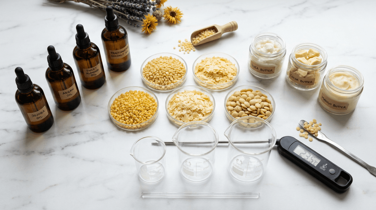 Flat lay of cosmetic wax pellets (beeswax, carnauba, candelilla), natural butters in small glass jars, and carrier oils in amber bottles arranged on a white marble surface with glass beakers and a digital thermometer, clean cosmetic chemistry aesthetic