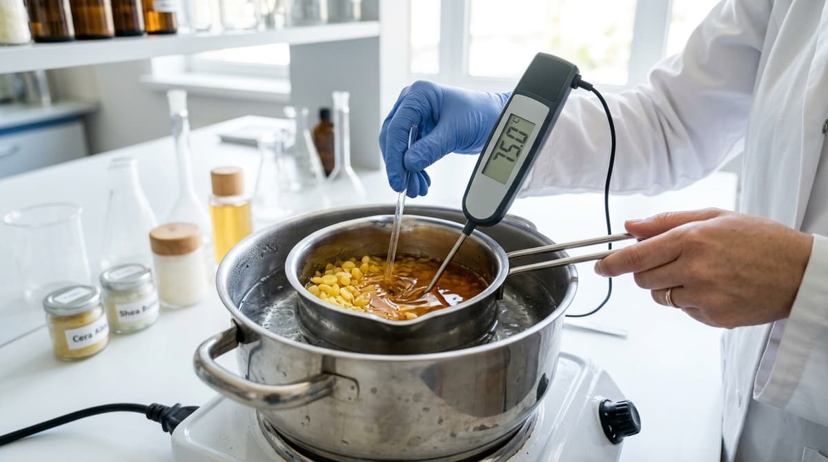 Close-up of a cosmetic chemist melting wax in a stainless steel double boiler with a digital thermometer showing 75 degrees Celsius, professional laboratory setting with clean white background and natural lighting