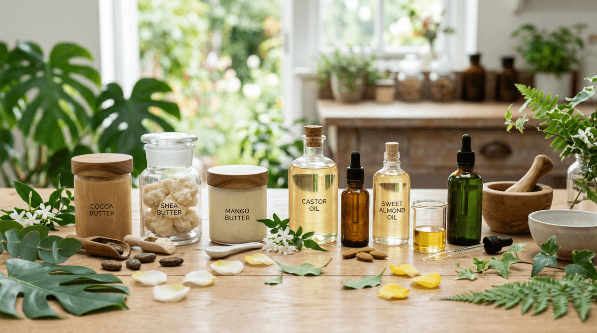Various natural butter jars (shea, mango, cocoa) and carrier oil bottles (castor, sweet almond, avocado) on a light wooden surface with green botanical leaves and flower petals, soft natural light, cosmetic formulation concept