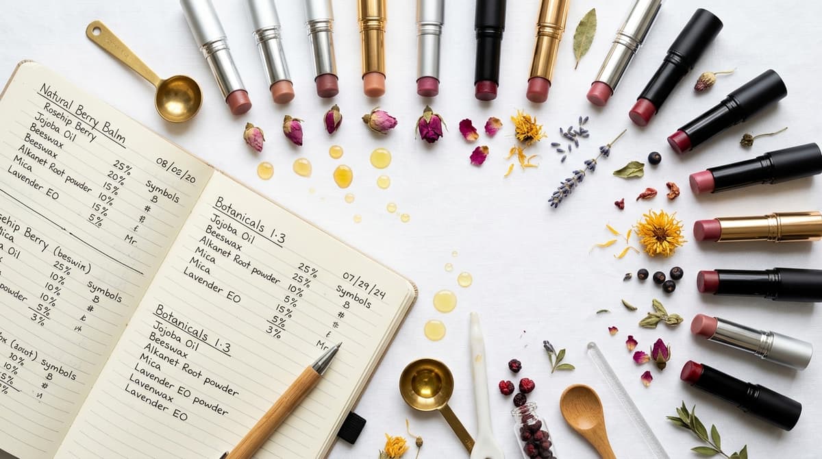 Overhead flat lay of finished lip balm sticks in natural nude and berry shades arranged with dried botanicals, small oil droplets, and an open formulation notebook with handwritten recipes on a clean white background