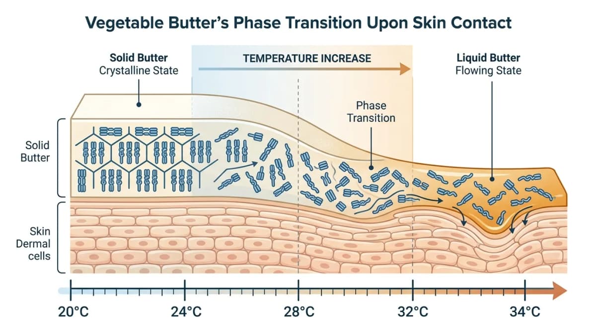 Scientific diagram illustrating the phase transition of a solid vegetable butter melting into liquid upon contact with skin surface, showing temperature scale from 20°C to 34°C, cross-section style with triglyceride molecules schematically represented as simple chain icons, clean educational infographic style, labeled axes, no human faces, muted color palette with blue and amber accents
