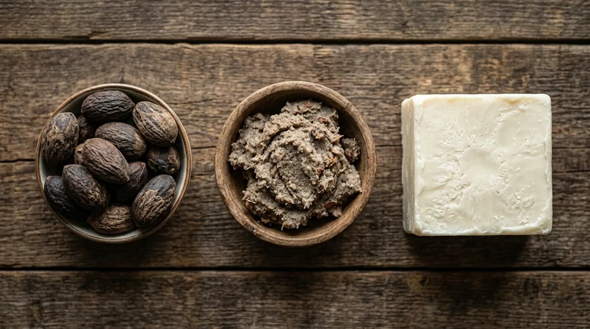 Photo-realistic top-down composition showing raw shea nuts, crushed shea paste, and a solid block of refined shea butter arranged side by side on a rustic wooden table, natural daylight, macro photography style, high detail texture of the butter surface, no people, no text overlays