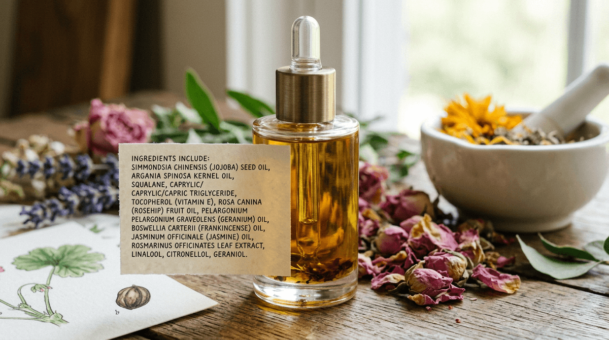 Close-up of a luxury cosmetic serum bottle with INCI ingredient list visible on the label, shallow depth of field, soft natural light, editorial beauty photography style, white and glass tones