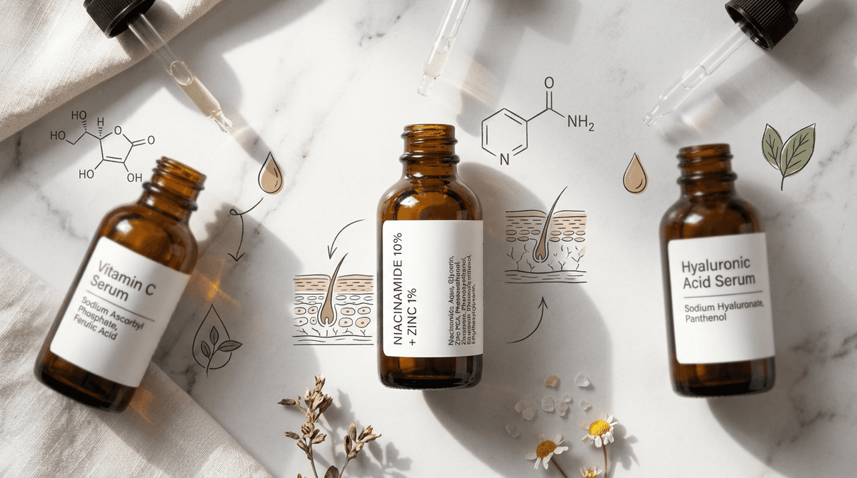 Flat lay of three skincare product bottles with ingredient labels partially visible, niacinamide serum in sharp focus, white marble background, editorial cosmetic photography