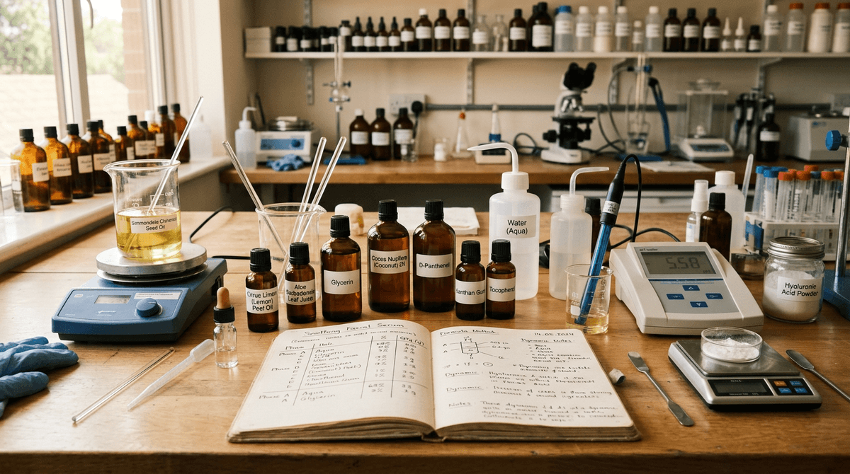 Cosmetic chemist workbench with glass beakers, digital pH meter, small ingredient bottles with INCI labels, open formula notebook with handwritten notes, warm focused laboratory lighting, aesthetic scientific setting