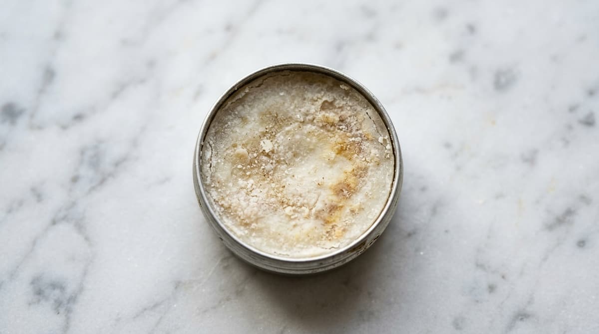 Close-up of a homemade lip balm tin showing slight discoloration and grainy texture on the surface indicating oxidation, flat lay on white marble with soft natural side lighting, cosmetic chemistry educational style