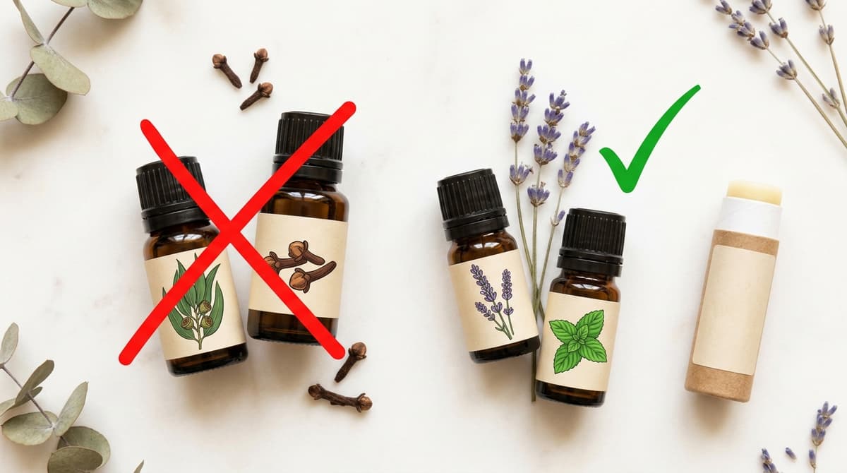 Flat lay of various essential oil bottles next to a handmade lip balm stick, with a bold red X mark over eucalyptus and clove oil bottles and a green checkmark near lavender and peppermint, clean white background, educational infographic style