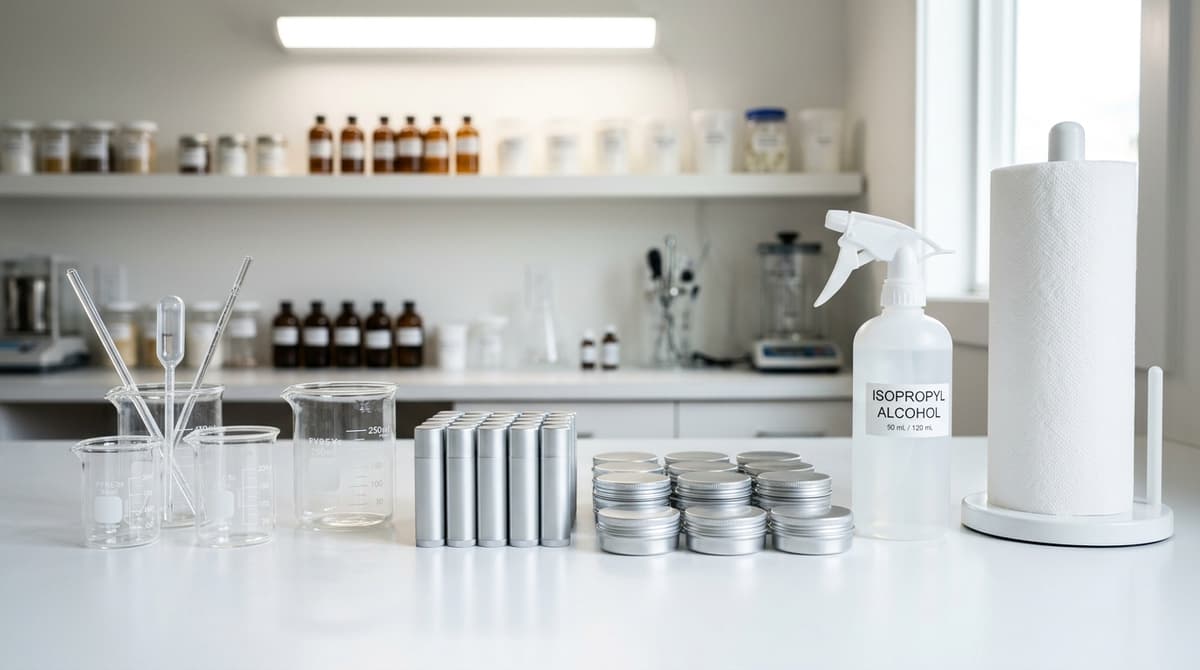 Sterilized glass beakers, metal lip balm tubes and small tins arranged on a clean white surface next to an isopropyl alcohol spray bottle and paper towels, professional home cosmetic lab setting, bright overhead lighting