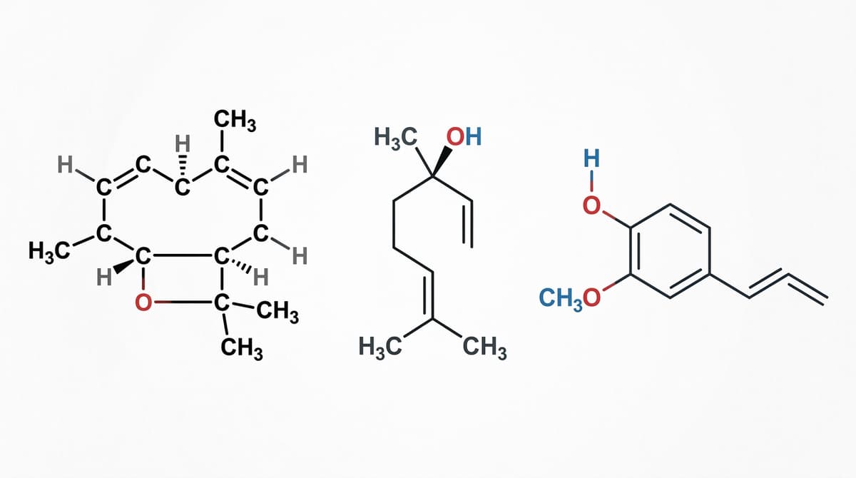 Molecular structure diagrams of beta-caryophyllene, linalool, and eugenol displayed side by side on a clean white background with chemical labels, scientific illustration style, high resolution