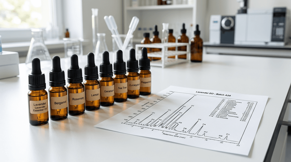 GC/MS chromatogram printout on paper next to a row of small dark amber glass bottles of essential oils on a white laboratory bench, professional product photography, soft shadows