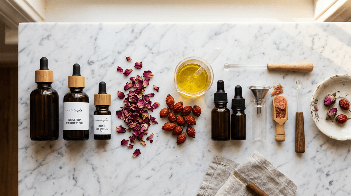 Flat lay composition of dark glass dropper bottles with essential oils and carrier oils, dried rose petals, rosehip berries on a white marble surface, soft warm natural lighting, minimalist style