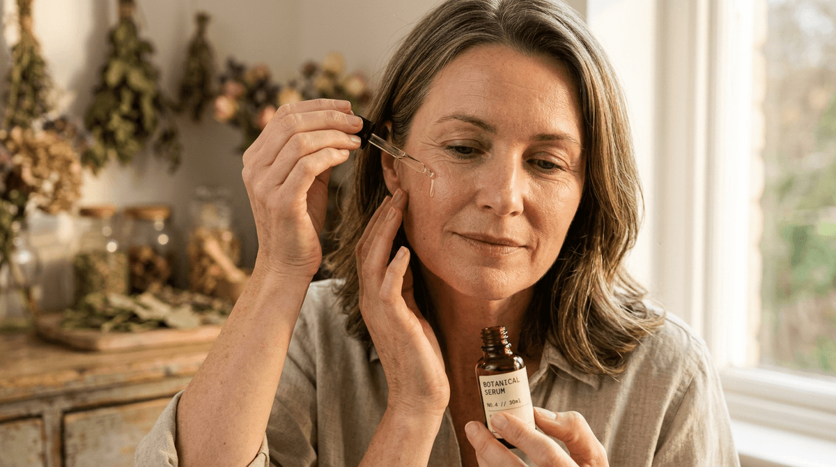 Close-up portrait of a woman in her 40s applying a face serum with a dropper, visible realistic skin texture with fine lines, warm golden natural light, no heavy retouching, editorial photography style