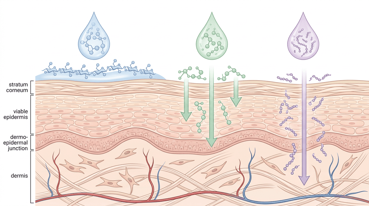 Scientific illustration showing different molecular weight hyaluronic acid molecules penetrating skin layers at different depths, cross-section diagram, clean infographic style with pastel colors