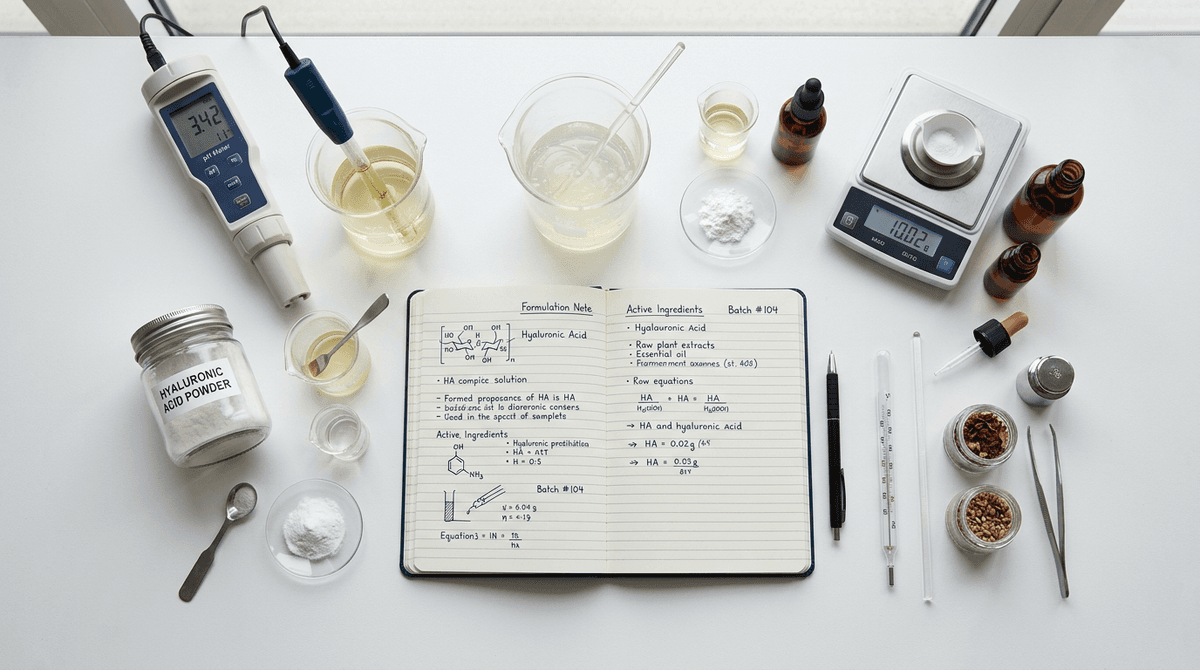 Flat lay of cosmetic laboratory setup with beakers, pH meter, hyaluronic acid powder, and formulation notebook on white background, professional product photography