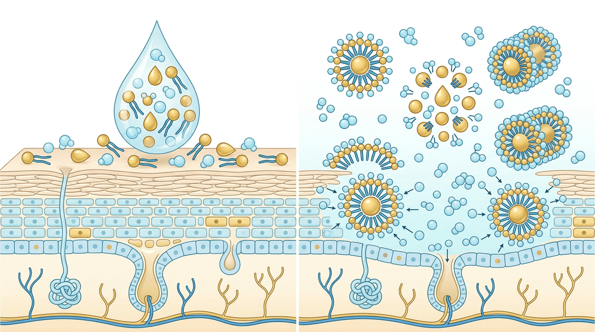 Cross-section scientific diagram showing hydrophilic oil emulsification process on skin surface, with water molecules forming around surfactant micelles encapsulating oil droplets, clean vector illustration style, blue and gold color palette, white background