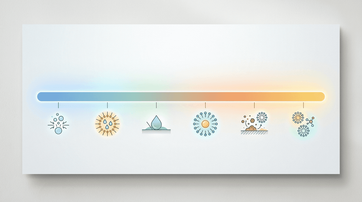 Minimalist infographic showing HLB scale from 0 to 20 as a horizontal gradient bar, labeled zones for antifoam agents, W/O emulsifiers, wetting agents, O/W emulsifiers, detergents and solubilizers, modern scientific poster style