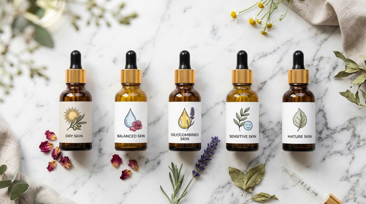 Flat lay photography of five different botanical oils in amber glass bottles with droppers arranged on white marble surface, each labeled with small skin type icon cards, soft natural daylight, clean cosmetic brand aesthetic