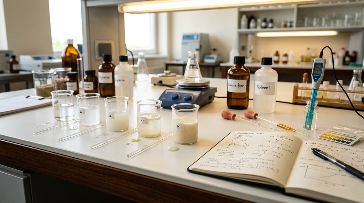 Professional cosmetic chemistry laboratory bench with small glass beakers containing hydrophilic oil samples at different stages of water emulsification test, pipettes, pH strips and notebook with formulation notes, warm clinical lighting