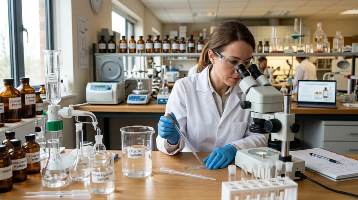 Cosmetic chemist analyzing hydrolat sample under laboratory light, pipette and glass beakers on table