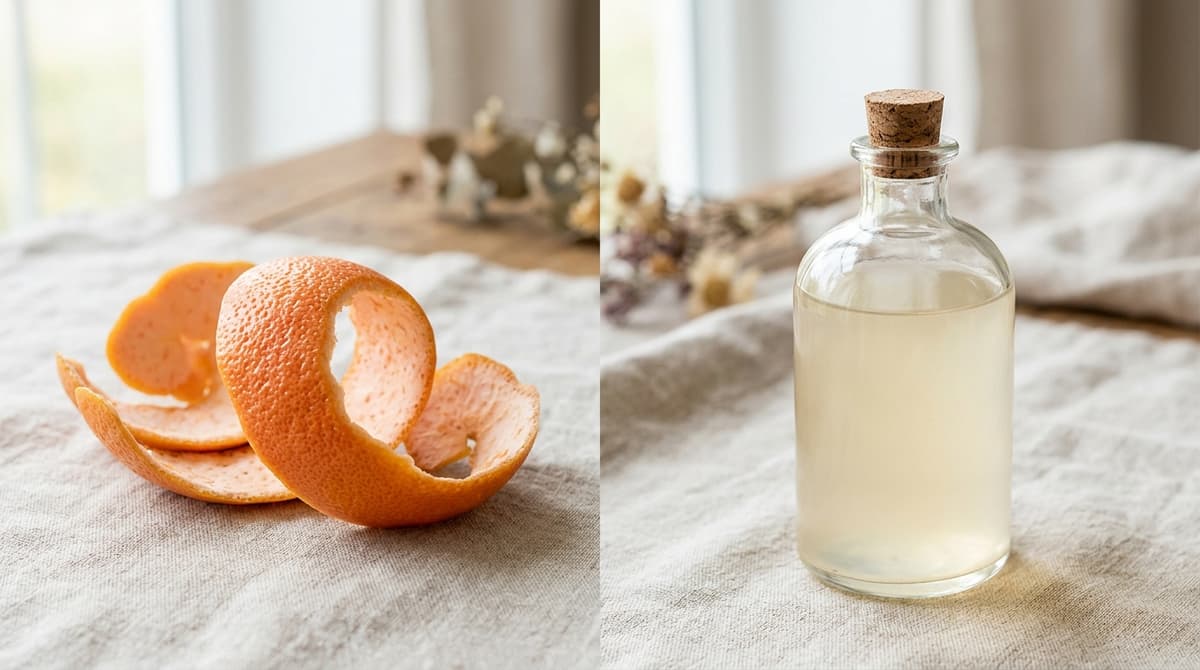 Split composition of fresh grapefruit peel next to a glass bottle of pale hydrolate, minimalist beauty editorial style