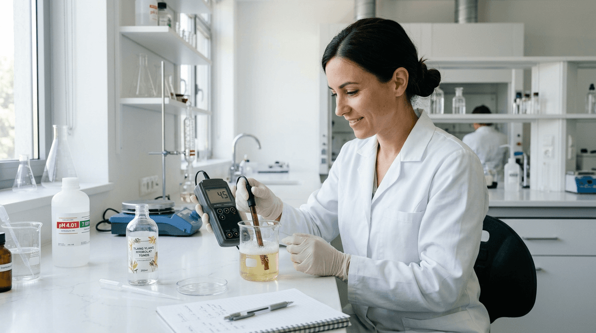 Cosmetic chemist testing pH of ylang-ylang hydrolat toner in laboratory, pH meter, minimalist white lab setting