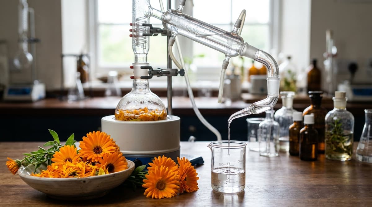 Close-up of calendula flowers next to a glass distillation apparatus with clear hydrolate dripping into a beaker, soft natural lighting, laboratory aesthetic