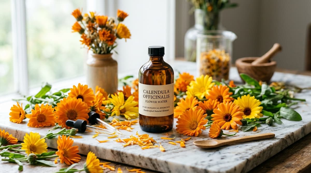 Amber glass bottle labeled Calendula officinalis flower water standing among fresh orange calendula petals on a marble surface, editorial beauty photography style