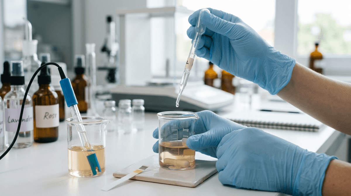 Chemist hands adding hydrolate drops into a small beaker with pH meter strip nearby, macro shot, clean laboratory setting