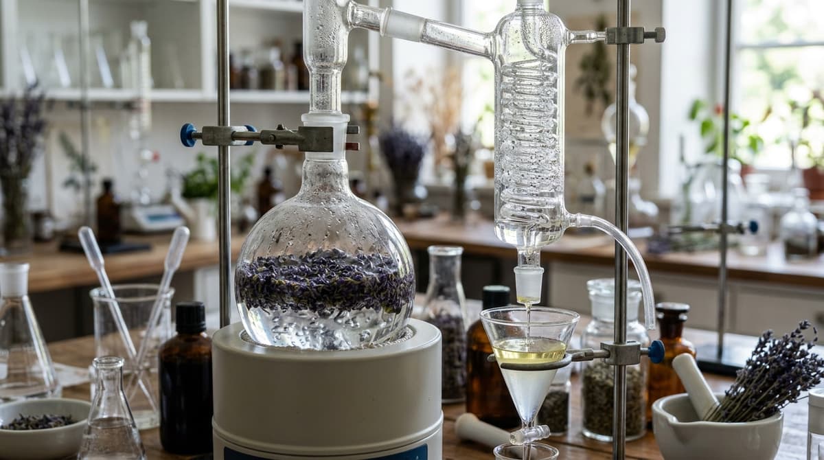 Close-up of lavender flowers during steam distillation with glass condenser, scientific laboratory aesthetic