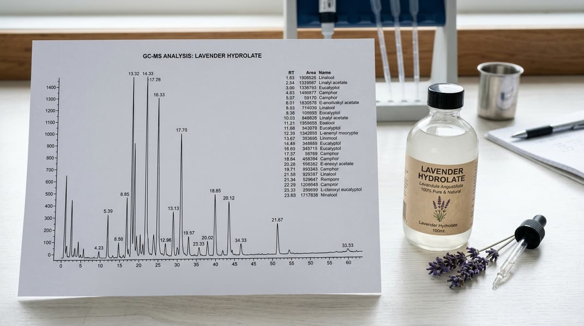 Laboratory GC-MS chromatogram printout next to a bottle of lavender hydrolate, top view