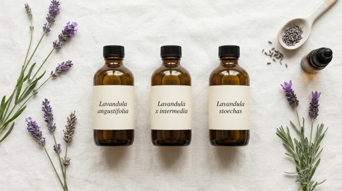 Minimalist flat lay of three lavender bottles labeled with different botanical species names, soft natural light