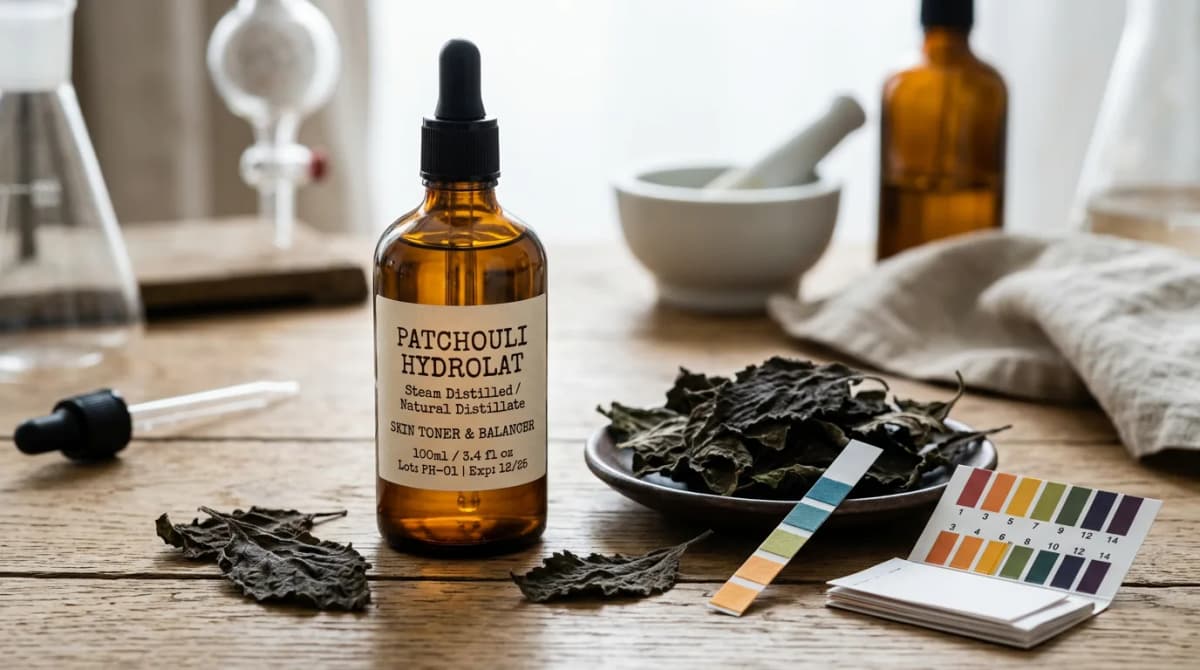 Amber glass bottle labeled patchouli hydrolat next to dried patchouli leaves and a pH strip, soft studio lighting, editorial beauty photography