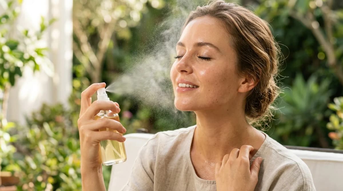 Woman applying facial mist with patchouli hydrolat, close-up, dewy skin, natural daylight, beauty editorial style