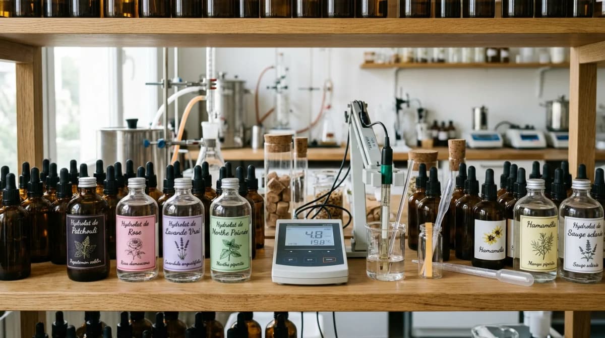 Laboratory shelf with labeled hydrolat bottles including patchouli, dropper bottles and pH meter, scientific cosmetic lab aesthetic