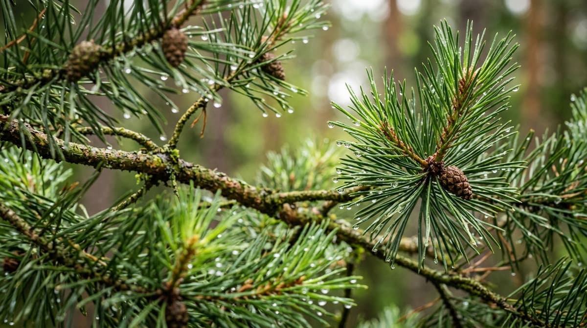 Close-up of fresh pine branches with morning water droplets, soft diffused natural light, botanical photography style, green and brown tones, high detail
