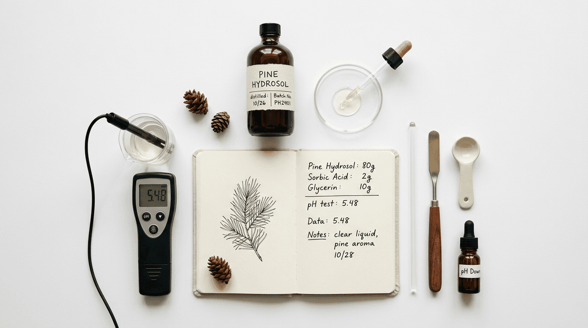 Scientific flat lay with a dark glass bottle labeled pine hydrosol, digital pH meter, glass dropper, open formula notebook with handwritten notes, white background, clean minimalist style