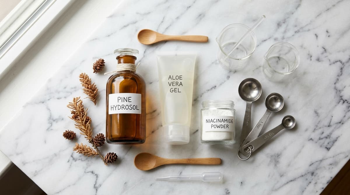 Flat lay of cosmetic formulation ingredients: pine hydrosol bottle, aloe vera gel tube, niacinamide powder in small jar, measuring spoons and beakers, on marble surface, soft studio lighting