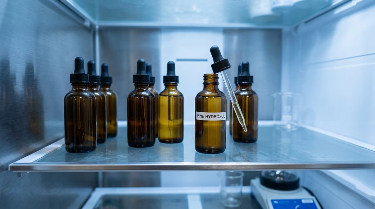 Pine hydrosol dark amber glass bottle with dropper stored on refrigerator shelf alongside other botanical hydrosol bottles, cool blue lighting, organized and clean aesthetic