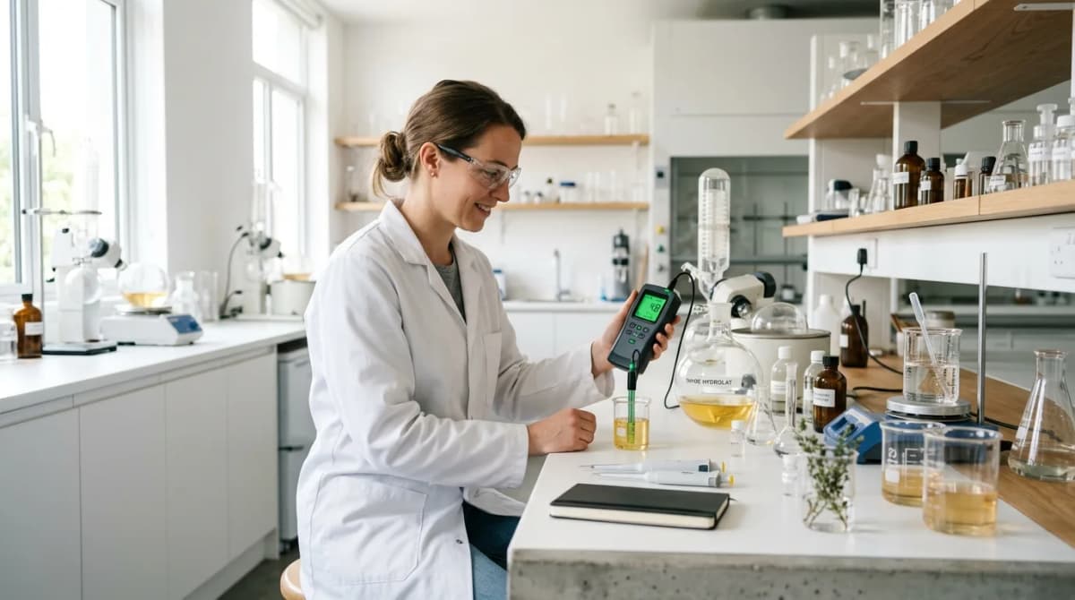 Laboratory scene with a cosmetic chemist testing pH of thyme hydrolat with a digital pH meter, glass beakers, clean minimalist lab setting
