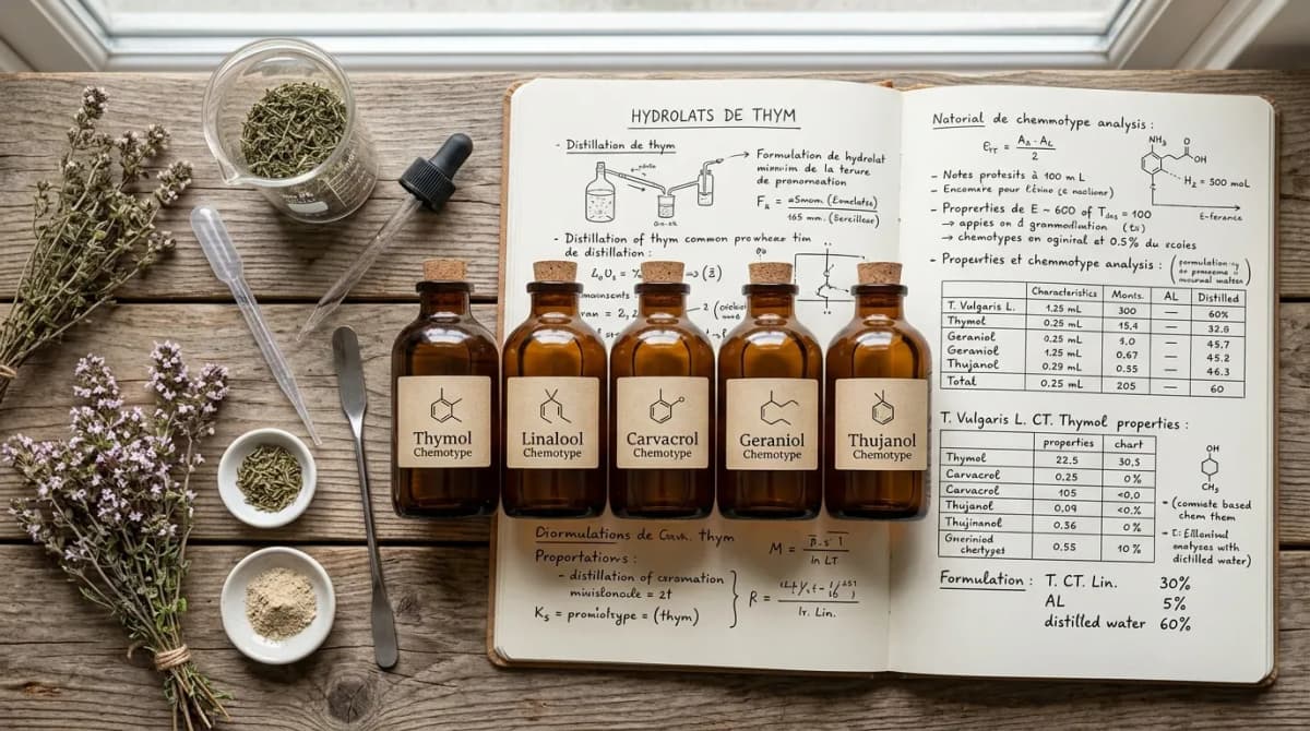 Flat lay of amber glass bottles labeled with different thyme hydrolat chemotypes, dried thyme sprigs, and a lab notebook with formula notes