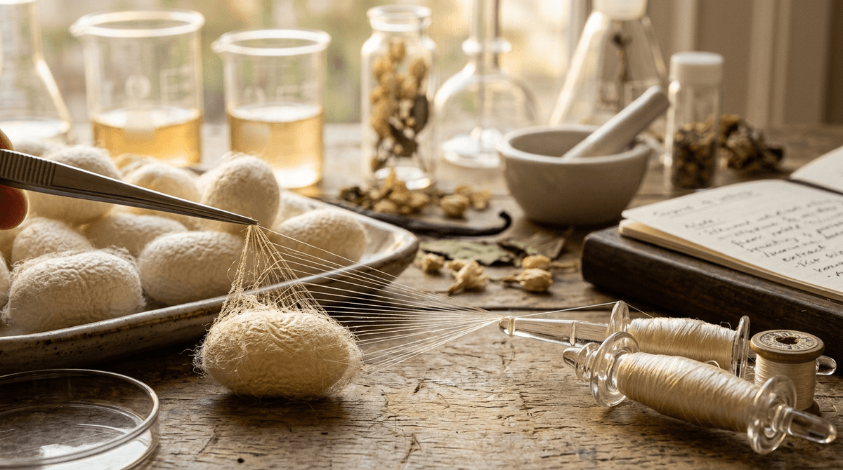 Close-up macro photo of silk cocoons unraveling into fine threads, soft golden light, scientific aesthetic, high detail