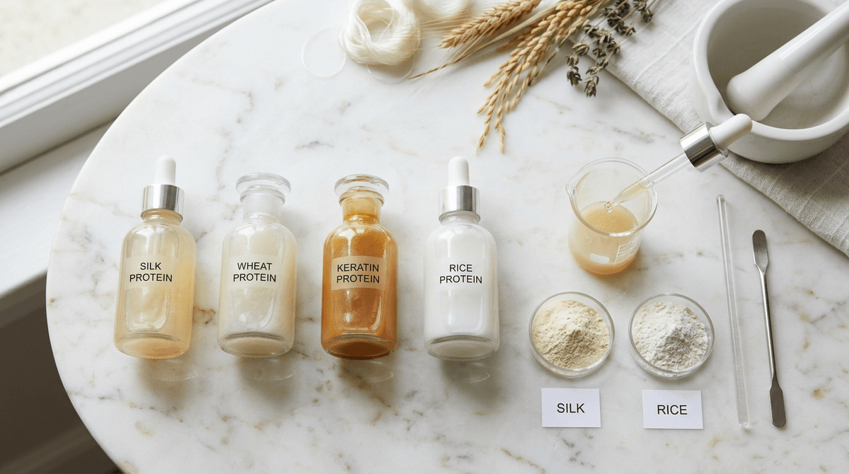 Flat lay of cosmetic ingredient bottles labeled with protein sources — silk, wheat, keratin, rice — on white marble surface, laboratory aesthetic, clean minimal style